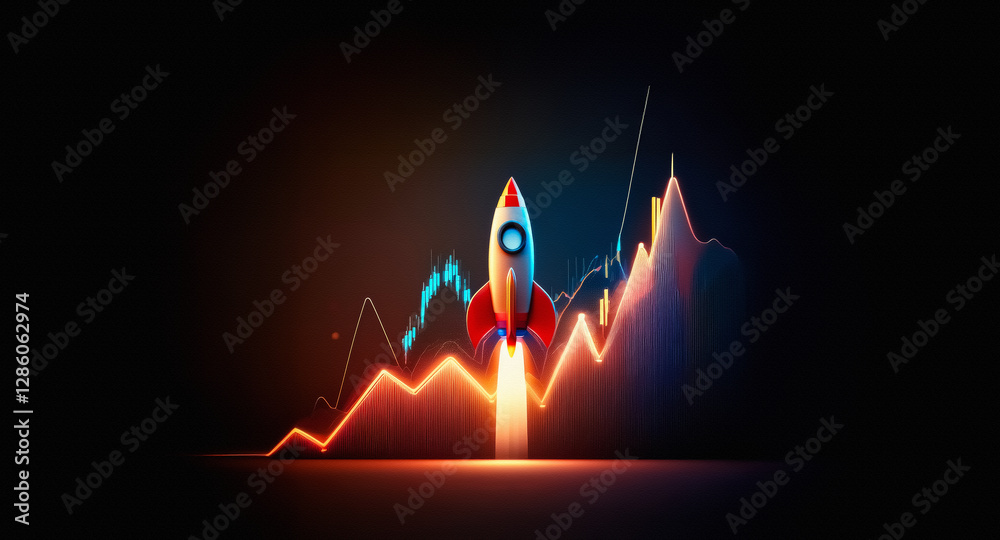 Poster a rocket blasts off, ascending rapidly against a dynamic backdrop of an ascending graph, representin