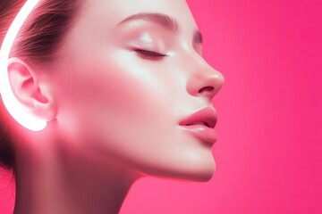 Elegant woman with glowing skin illuminated by vibrant pink light during a modern beauty photoshoot capturing pure radiance. Generative AI