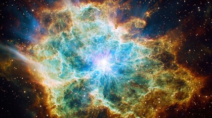 A cosmic energy burst illuminates a nebula, forming intricate fractals of luminous stardust