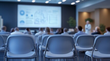 A large group of people sit in chairs in a room in front of a projection screen and a speaker in a white coat. Concept of a scientific conference