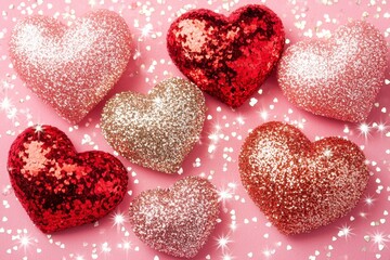 Obraz premium Colorful Glitter Hearts on Shiny Background for Valentine's Day Themes