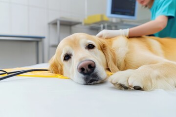 Golden retriever receiving veterinary care in clinic