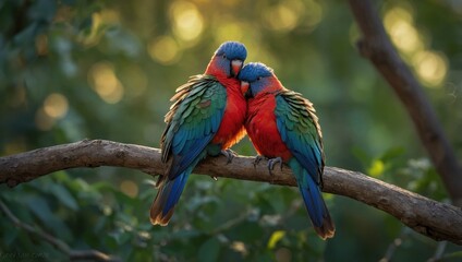 Colorful parrots lovebirds on a tree
