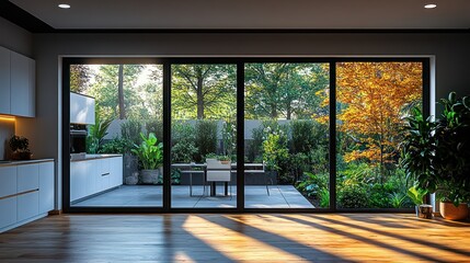 Fototapeta premium Modern Kitchen with Patio View, Sunlight Streaming