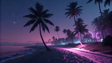 The image depicts a tropical beach at night with a surreal, almost neon glow