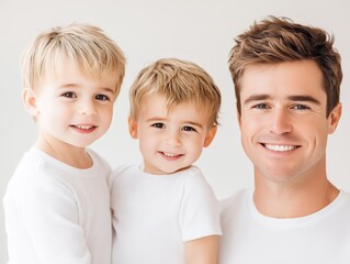 Young man in white shirt smiling with two blonde boys against clean pinkish background exuding happiness positivity and sibling connection in bright cheerful contemporary portrait