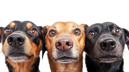 Three dogs with expressive faces posing together in a studio setting with a white background