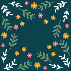A decorative floral frame featuring green leaves and small flowers on a dark background, creating an elegant botanical border design.