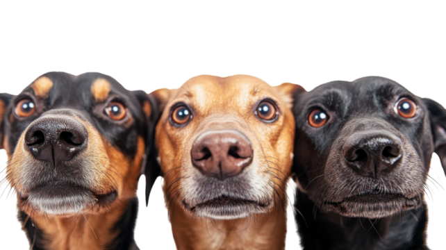 Three dogs with expressive faces posing together in a studio setting with a white background