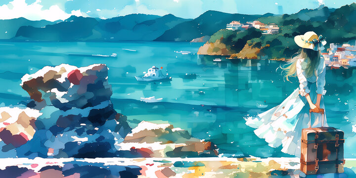 旅する少女。水彩画、イラスト、背景、バナー素材、挿絵、