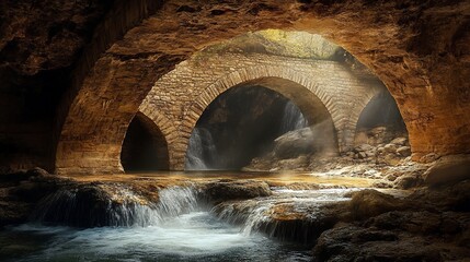 Fototapeta premium Ancient stone arches over a cascading waterfall in a mystical cave.