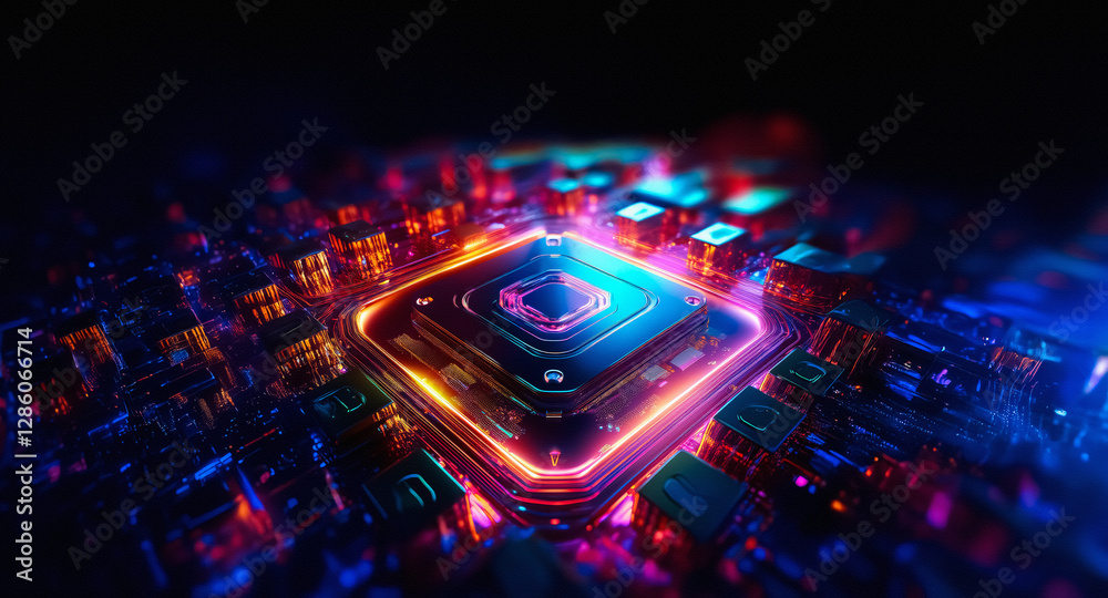 Poster futuristic circuit board with vibrant neon blue and orange lights. an intricate design that suggests