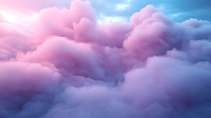 Fototapeta premium Dreamy Clouds: An ethereal spectacle of fluffy, cotton-candy-colored clouds, painted with hues of pink and blue, drifting serenely across a boundless sky, evoking feelings of peace and serenity.