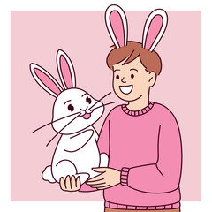 A cheerful boy wearing bunny ears holds a small white rabbit with a joyful smile, symbolizing Easter fun and love for animals.