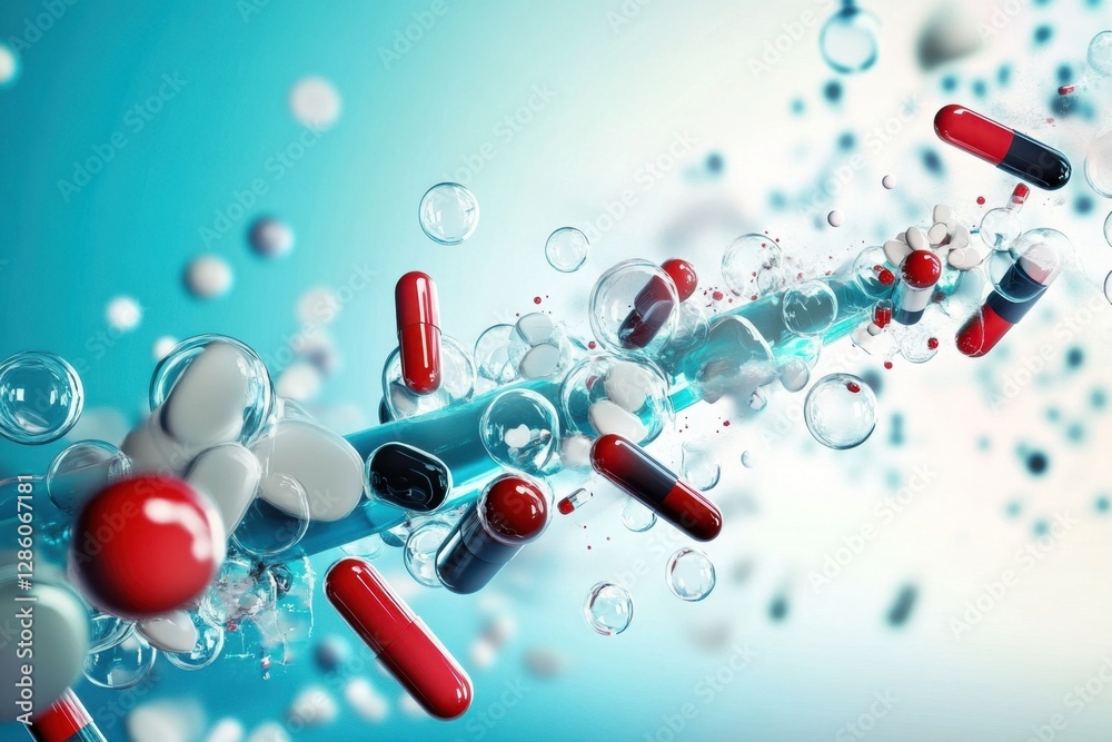Poster exploring the dynamic interaction of colorful capsules within a vibrant, abstract environment filled