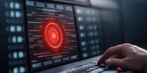 A hand hovers over a keyboard, displaying a futuristic red interface on a screen, suggesting advanced technology or data analysis.