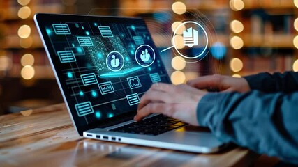 Hands typing on laptop with digital security interface in a cozy cafe - Powered by Adobe