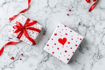 Romantic Gift Boxes with Red Ribbons and Heart Patterns on Marble