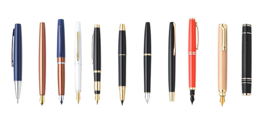 Assorted luxury pens collection displayed in a row