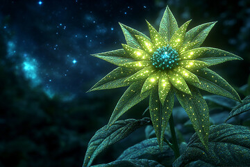 Fototapeta premium A luminous flower with glowing petals and sparkling details under a starry night sky in a serene environment