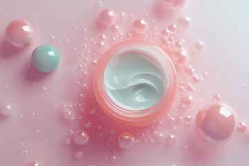 Swirling cream in a vibrant container surrounded by colorful bubbles and droplets on a pastel surface. Generative AI