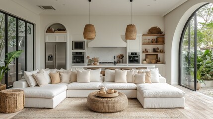 Modern open-plan living area with kitchen, natural elements, tropical view