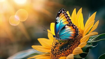 This stunning video showcases a blue butterfly on a sunflower in warm light. Ideal for nature and art themes, it captures the essence of beauty and tranquility. Generative AI