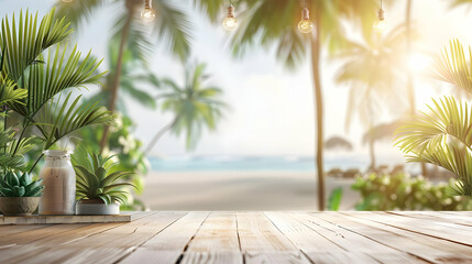 Fototapeta premium Serene tropical beach view with palm trees and wooden table, ideal for relaxation and vacation vibes