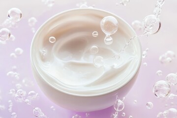 Silky smooth cream swirls in a white bowl surrounded by delicate bubbles on a soft pastel background. Generative AI