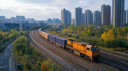 A vibrant freight train travels along curved tracks, surrounded by urban buildings and greenery under a bright sky.