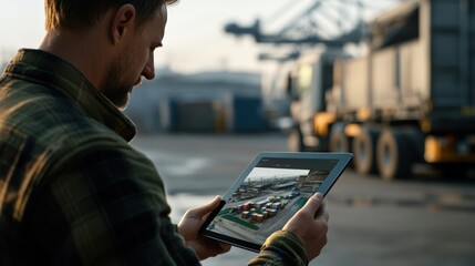 A man in a plaid shirt uses a tablet at a busy industrial site with containers and machinery in the background.
