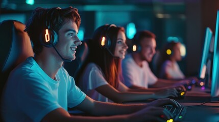 Obraz premium A group of gamers engaged in a competitive session, wearing headsets and focused on their screens in a vibrant, illuminated environment.