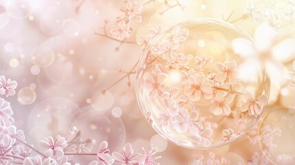White cherry blossom flowers reflected in crystal water drop with soft pink bokeh background, spring close up