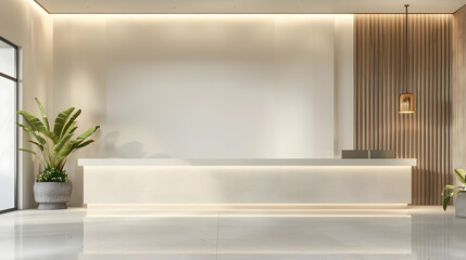 Modern reception area featuring minimalist design, elegant lighting, and greenery