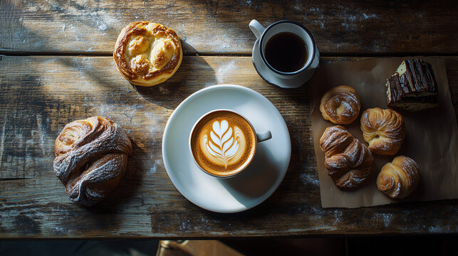 coffee cappuccino and bread on a wooden table
