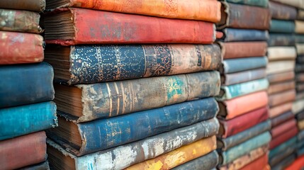 Stack of Vintage Books with Colorful Worn Covers, A close-up view of a stack of old, weathered books with colorful, worn covers