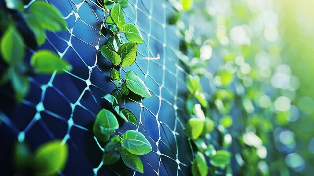 Green vines growing on a trellis in a sunlit garden during early morning hours