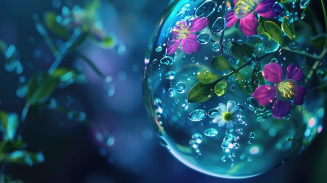 Magical flowers and leaves in crystal water drop surrounded by floating droplets on dark mystical background, fantasy close up background