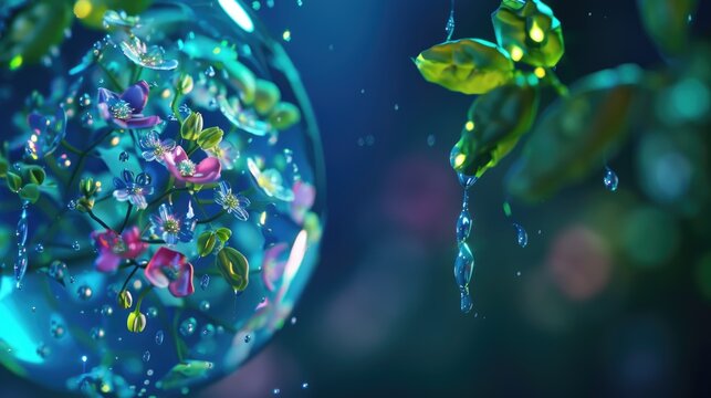 Magical flowers and leaves in crystal water drop surrounded by floating droplets on dark mystical background, fantasy close up background