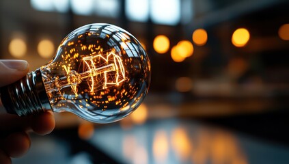 Fototapeta premium Bright illuminated lightbulb held against a blurry warm background
