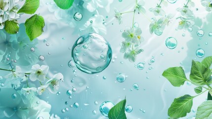Natural cosmetic concept with water drops, white flowers and green leaves on light blue background, flat lay composition