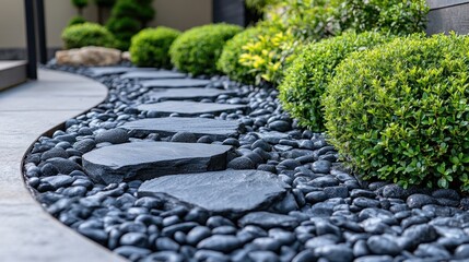 Obraz premium Modern stone pathway winding through landscaped garden