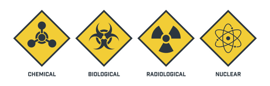 Chemical, biological, radioactive and nuclear icons. CBRN defense signs. Warfare symbols for military corps. Set of yellow diamond warning pictograms isolated on a white background.