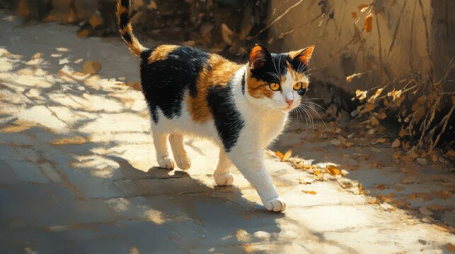 Calico cat strolling in the sunlit path amidst autumn leaves, exuding grace and curiosity.
