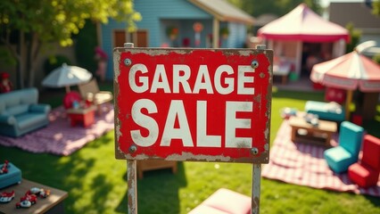 Garage sale signs, From above a vibrant garage sale sign stands in a lively suburban yard sale under bright afternoon sunlight.