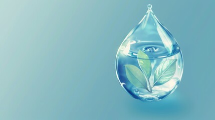 Green leaf suspended in clear glass water drop on minimalist eco natural light background with place for text
