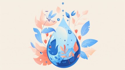 Abstract floral composition with water drop shape and botanical elements in coral and blue colors