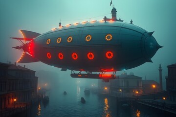 Symbolic red-lit airship over foggy city. Surveillance, solitude, and tech-age mystery