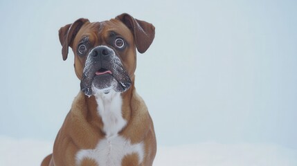 Brown boxer dog with expressive eyes and floppy ears sitting against a plain background.