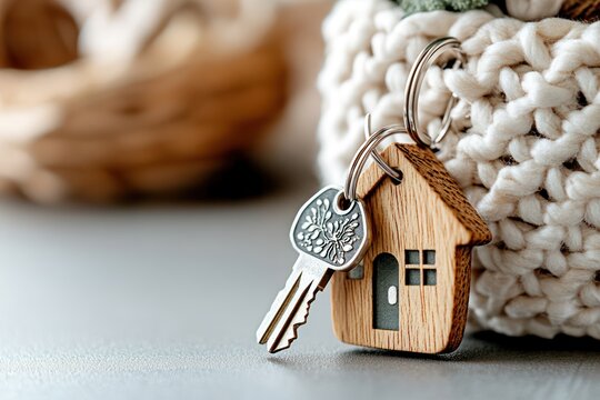 A wooden house key with keyring beside a knitted basket